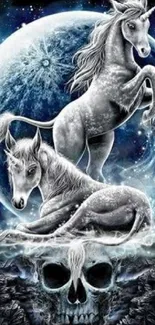 Mystical unicorns with a skull on a starry night sky wallpaper.