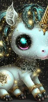 Cute mystical unicorn with glowing accents on a dark fantasy background.