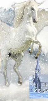 Magical unicorn in snow with church backdrop.