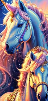 Two majestic unicorns in a starry fantasy scene.