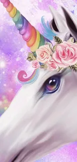 A magical unicorn with rainbow horn and floral crown on a starry lavender background.