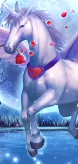 Magical unicorn flying with heart and roses under moonlit sky.