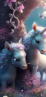 Enchanting unicorns amidst a magical forest with butterflies and flowers.