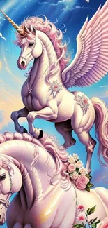 Magical winged unicorns with roses on a vibrant sky backdrop.