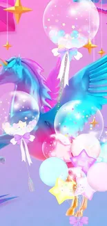 A magical unicorn with balloons and stars in a pink and blue fantasy setting.