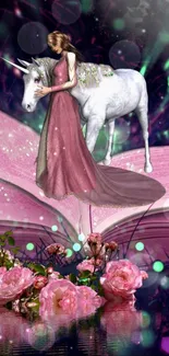 Fantasy art with unicorn, lady, and flowers in pink tones.