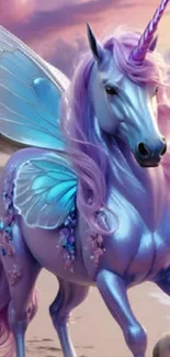 Magical lavender unicorn with blue wings, in a fantasy landscape.