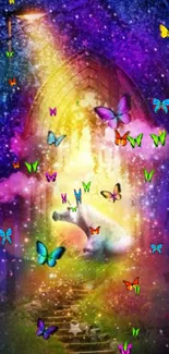 A vibrant unicorn and butterfly fantasy scene under a colorful mystical archway.