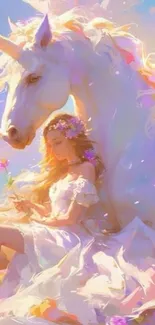 Fantasy art mobile wallpaper with a unicorn and ethereal atmosphere