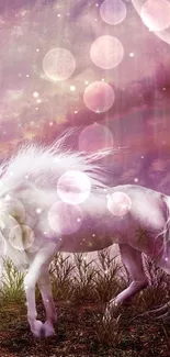 Magical unicorn amidst a dreamy fantasy scene with lavender hues.