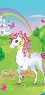 A colorful unicorn standing near a castle with a rainbow in the background.