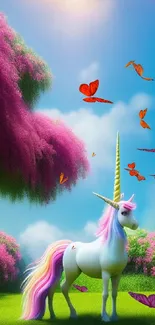 Whimsical unicorn in a vibrant fantasy landscape with pink trees and green grass.