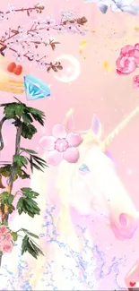 Dreamy unicorn with floral accents and pastel background.