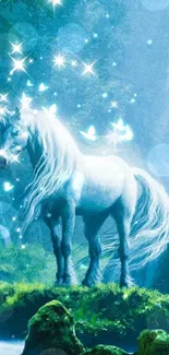 Magical unicorn with butterflies and sparkles in a fantasy forest setting.