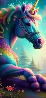 Magical unicorn with rainbow in enchanted forest