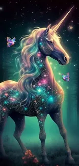 Magical unicorn with butterflies in a fantasy forest setting.