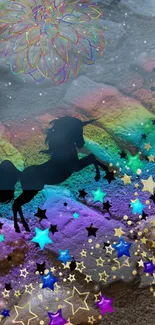 Vibrant unicorn silhouette in a cosmic, rainbow-starry background.