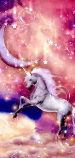 Vibrant unicorn wallpaper with pink clouds and a crescent moon.