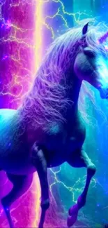 Magical unicorn in vibrant neon colors, creating a mystical fantasy scene.