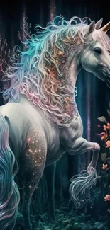 Enchanting unicorn with glowing, colorful mane in a mystical forest setting.