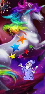 Magical unicorn with rainbow mane and a whimsical wizard on a purple background.