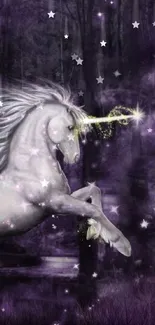 Magical unicorn prancing in a mystical purple forest.