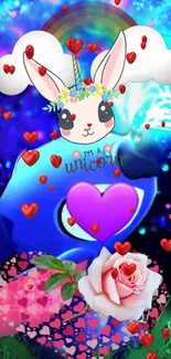 Magical unicorn theme with hearts and vibrant colors.