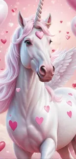 Pink unicorn with hearts mobile wallpaper.
