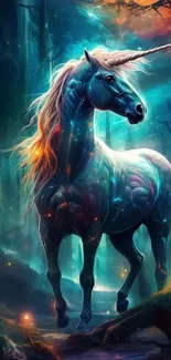 A magical unicorn in a vibrant, mystical forest with colorful lighting.