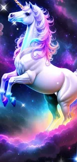 Magical unicorn in a vibrant galaxy setting with stars.