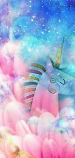 Whimsical unicorn in blue galaxy with pink clouds.