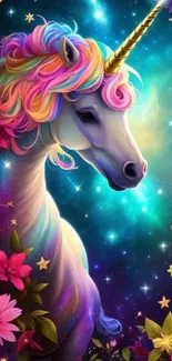 Vibrant unicorn in a colorful galaxy with flowers and stars.