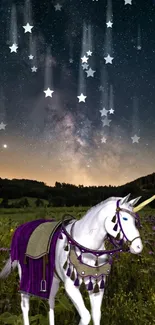 Unicorn in galaxy-themed meadow under starry sky.