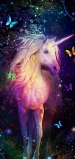 Magical bright unicorn with butterflies in a galaxy fantasy setting.