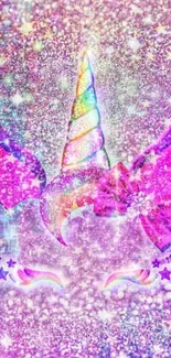 Pink glittery unicorn with rainbow horn art.