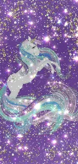 Unicorn with glittery mane on a purple background.