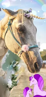 A horse with a unicorn horn and whimsical flowers in a magical setting.