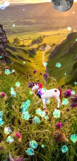 Unicorn in a vibrant, crystal-filled landscape at sunset.