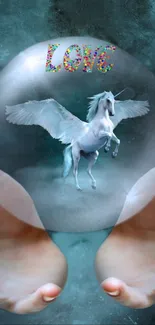 Mystical unicorn inside a magical sphere held by hands, with the word 'LOVE' above.