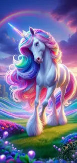 Colorful unicorn under rainbow sky in magical setting.