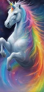 Magical unicorn with a vibrant rainbow mane set in a cosmic background.