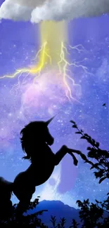 Unicorn silhouette with lightning and purple night sky background.