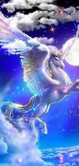 Magical unicorn flying in a starry night sky with vibrant colors.