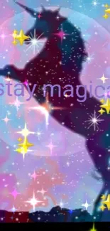 Silhouette of a unicorn against a starry night sky with text 'Stay magical'.