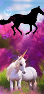 Magical unicorn with pink forest background and heart accents.