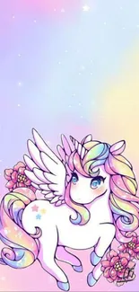 Whimsical unicorn with pastel rainbow mane and wings on a soft gradient background.