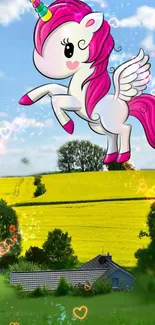 Whimsical animated unicorn in colorful countryside scene.