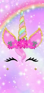 Whimsical pink unicorn wallpaper with rainbow and stars.