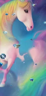 Colorful unicorn with gems on a blue, dreamy background.