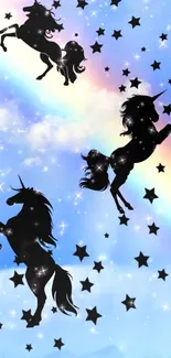 Magical unicorns with stars against a vibrant rainbow sky background.